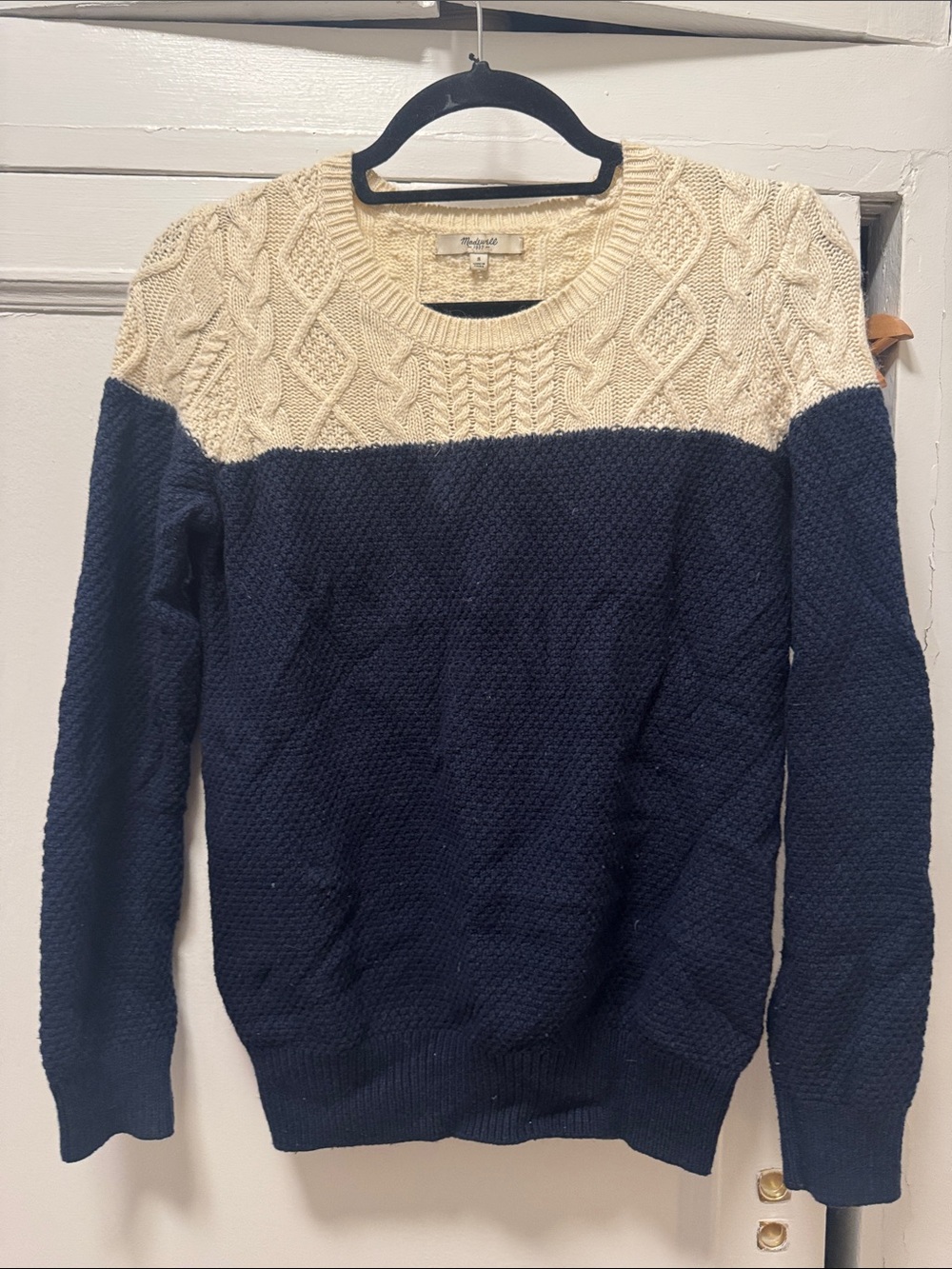 Madewell Two-Tone Cream and Navy Cable Knit Sweater